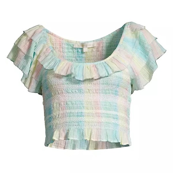 $195 LOVESHACKFANCY Saba Ruched Ombré Ruffle Croptop - Picture 1 of 3